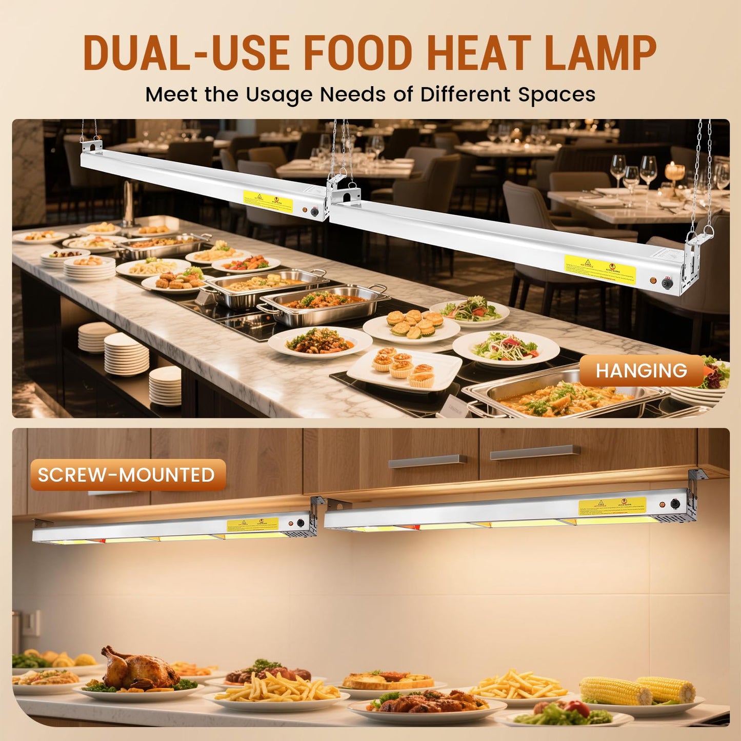 Hiteemer 48-Inch Food Heat Lamp - 1350W Commercial Food Warmer Lamp Overhead Stainless Steel Catering Heat Lamps Electric Strip Heater for Restaurant Buffet Parties Kitchen, Silver 115V
