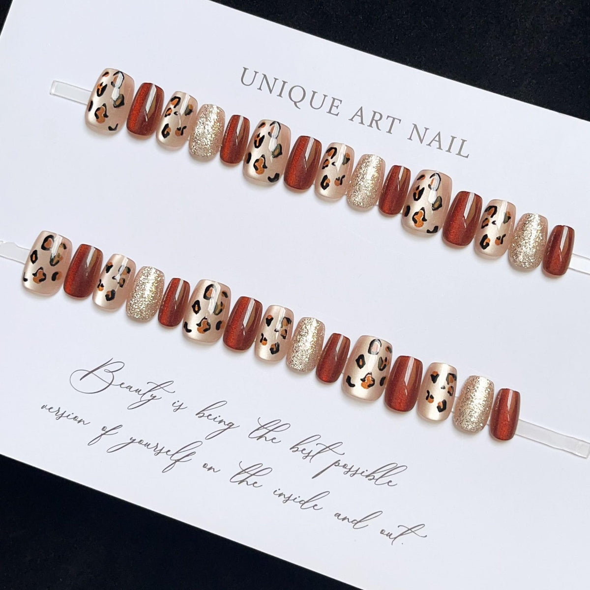 Set of 24 Wearable Short T-Shaped Detachable Nail Patches in Burgundy and Nude Shade with Glitter Leopard Print Design