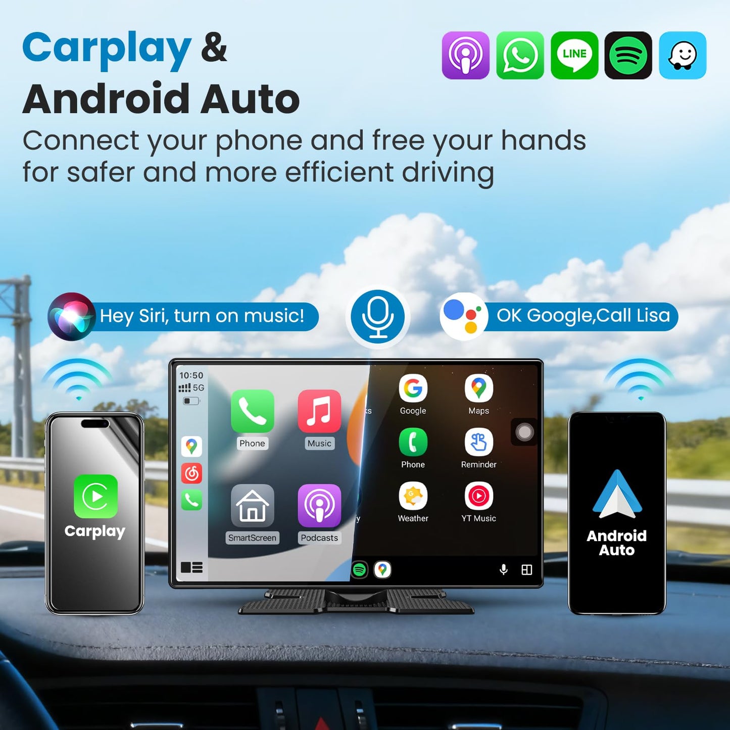 Portable A pple Carplay Screen for Car, 11.3" Extra Large Wireless Car Play & Android Auto Screen for Car, Car Stereo with 4K Dash Cam, App View, Backup Camera,GPS,Mirror Link,FM, Voice Control