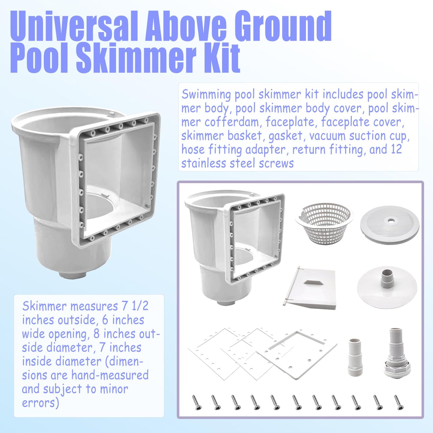 Above Ground Pool Skimmer,Thru-Wall Skimmer,Above Ground Pool Skimmer(With Accessories)Opening Width 6 Inches,Compatible With All Standard Pool Wall Openings,Replace SP1091LX Above Ground Pool Skimmer