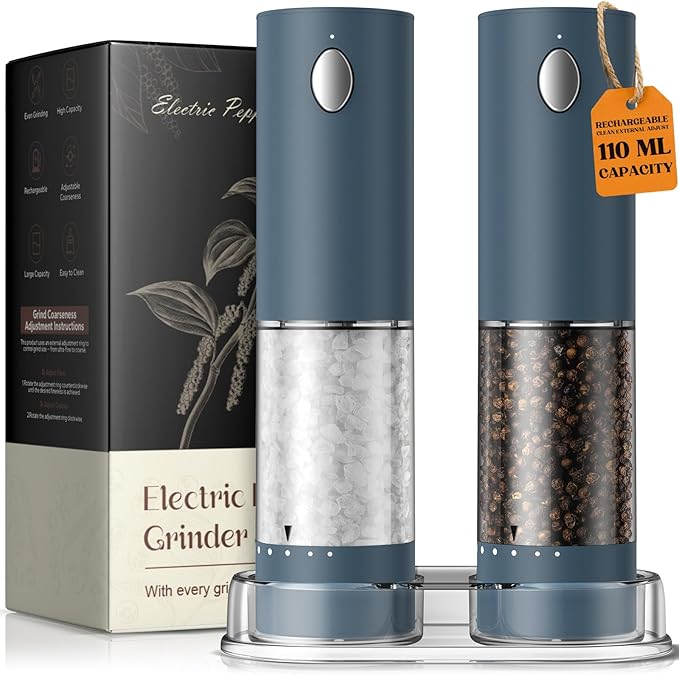 Electric Salt and Pepper Grinder Set, Rechargeable Automatic Salt and Pepper Shaker with 6 Adjustable Coarseness, Large-Capacity Pepper Mill Kitchen Appliances Gifts for Women(Blueï¼