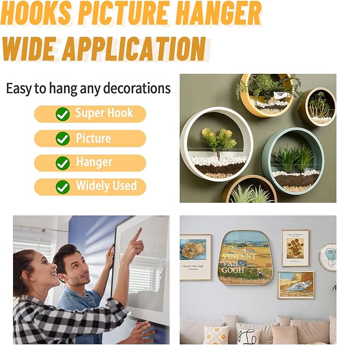 FURHUA 30pcs Aeneous Super Hook Picture Hangers and Office Pack, Drywall Hooks for Hanging Pictures, Wall Hooks, Picture Hangers, Picture Hanging Kit,Hang Art, Clock, Shelves, Mirrors