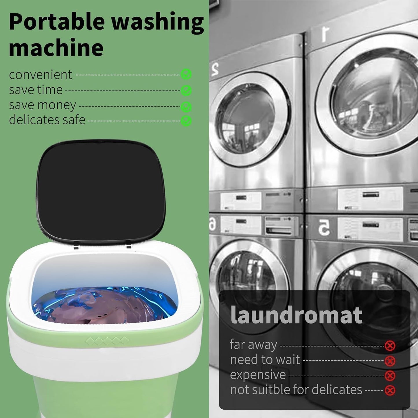 Portable Washing Machine, 16L Upgraded with Spin Basket Laundry Machine, 3 Modes Deep Cleaning, Upgraded Small Collapsible Laundry for Hotel, Apartment, Home and Travel - Green
