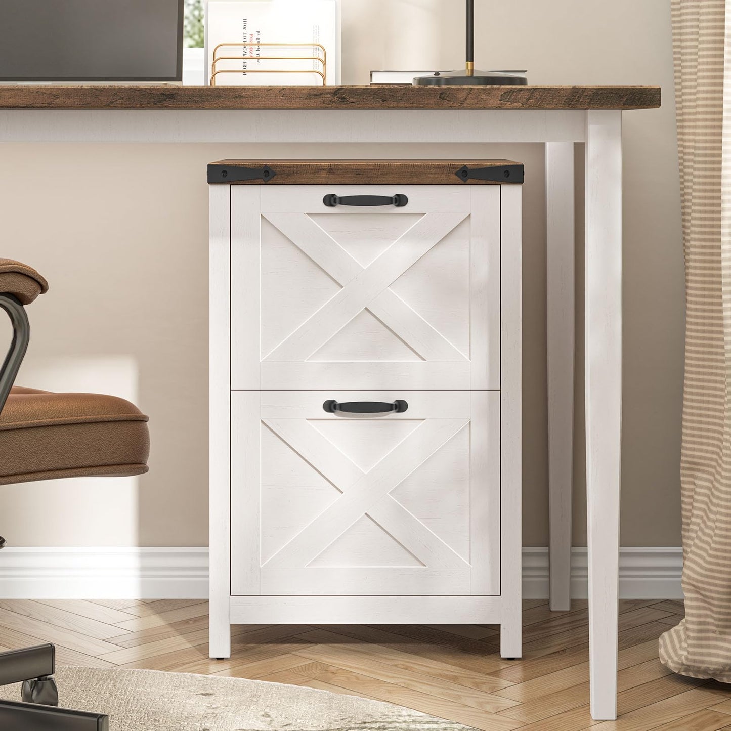 Halitaa 2 Drawer Small File Cabinet, Farmhouse Vertical Filing Cabinet Fits Letter and A4 Size, Under Desk Wooden File Cabinets for Home Office, Printer Stand, Rustic White