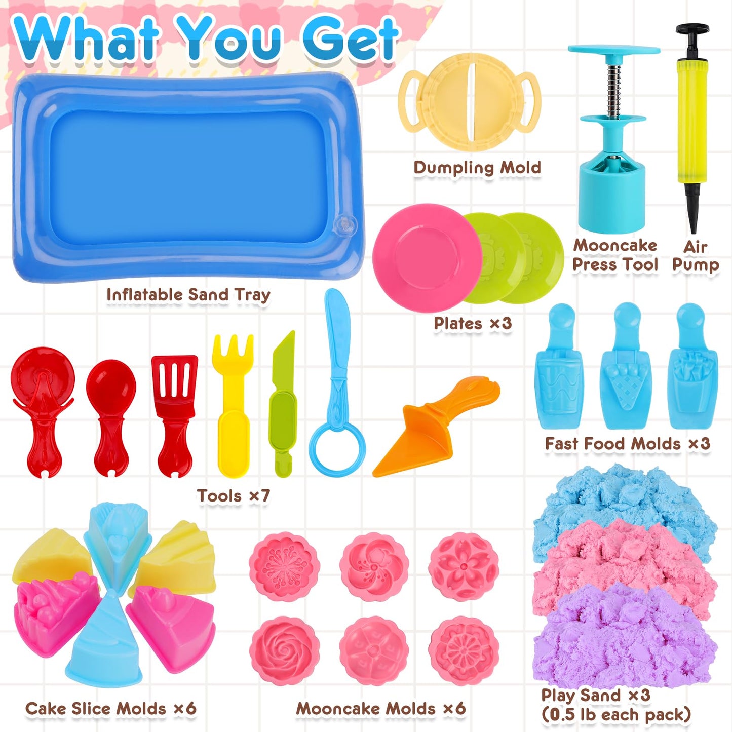 Crelloci Cake Play Sand Toys, Sensory Bin with 3 Colors Sand, Inflatable Sandbox & Air Pump, 12 Cake & 5 Shaped Molds, Tools, Art Kit Gift for Kids Toddlers Girls Boys Ages 3 4 5 6 7 8 9 Years Old
