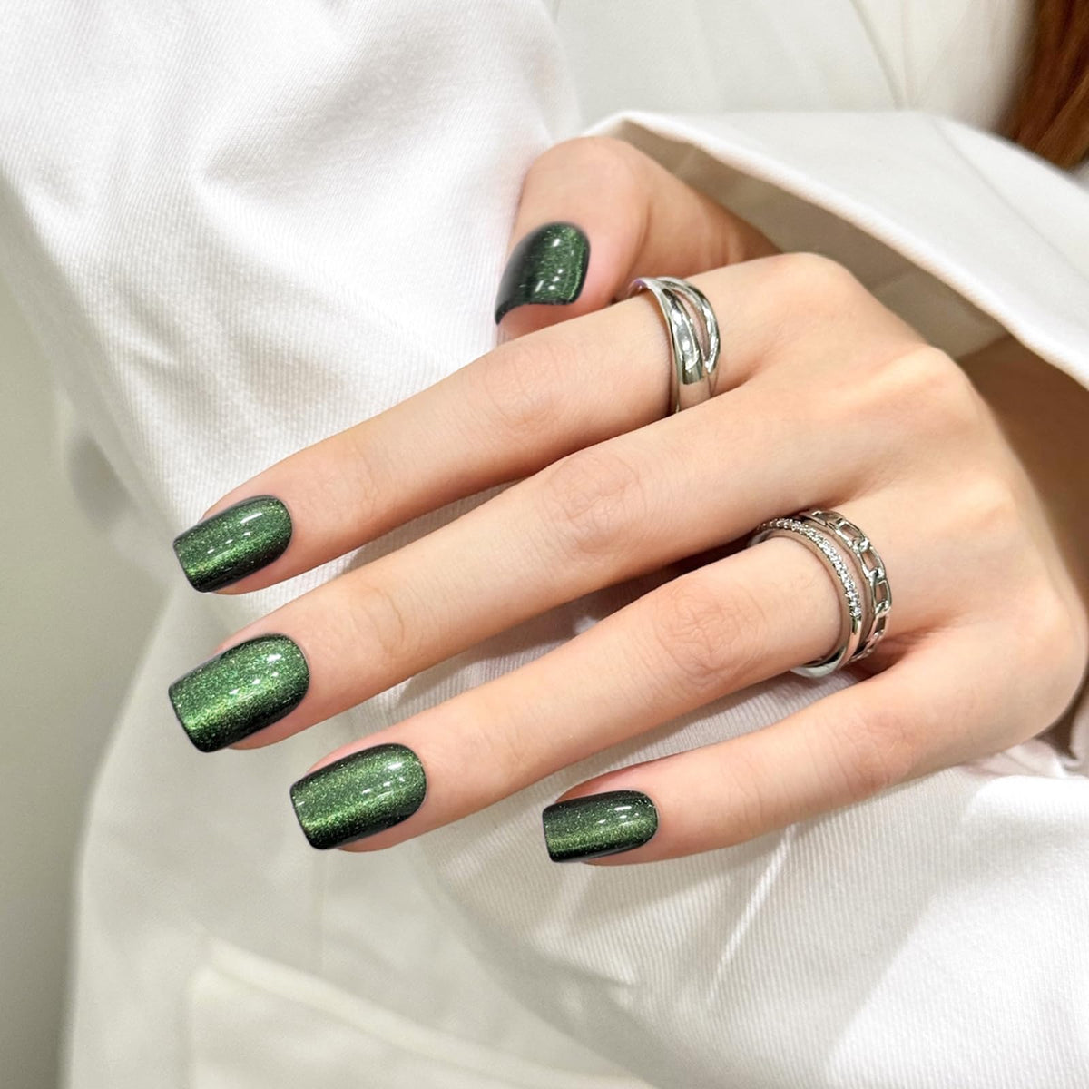 Green Cat Eyes Press On Nails,12 Sizes - 24 Pcs Soft Gel Green Short Squoval Fake Nails Kit with Nail Glue, Natural Reusable Stick On False Nails for Women and Girls SK1066