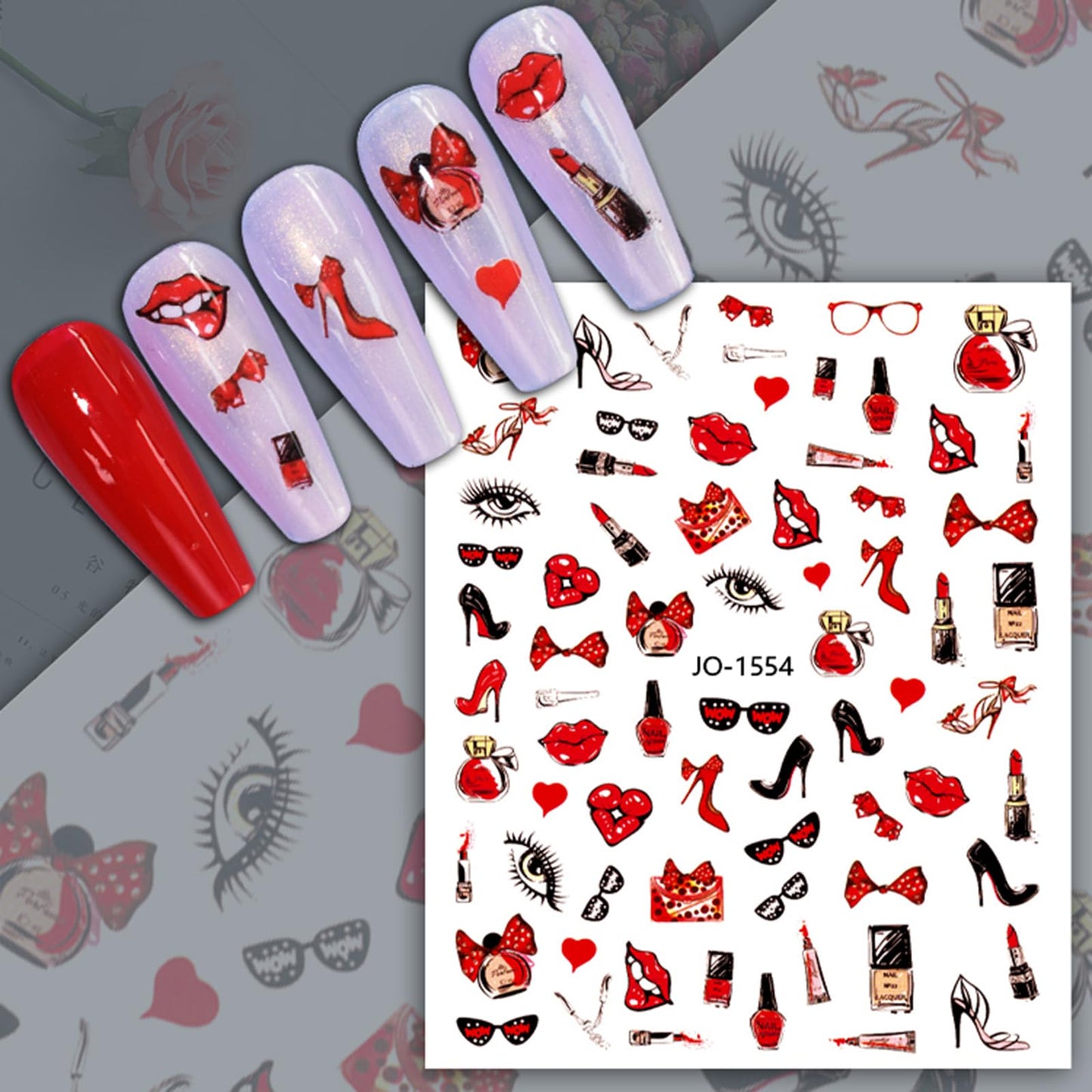12 Sheets Valentine's Day Nail Sticker for Nails Art 3D Embossed Self-Adhesive Pink Red Love Heart Lips Valentine's Day Nail Decal Design Supplies for Women DIY Manicure Art Decoration YX1241