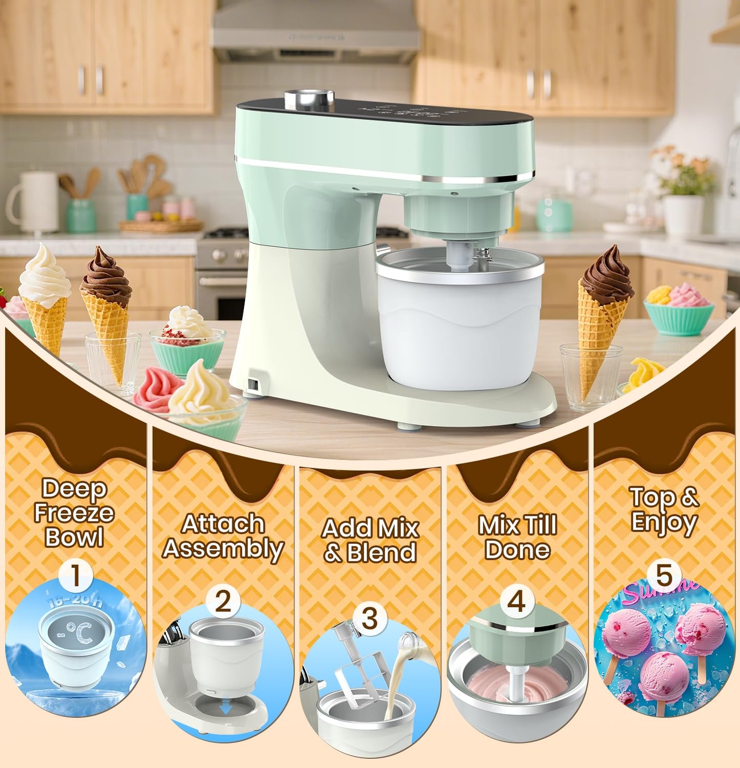 Bonnor Stand Mixer Set, 6QT Kitchen Mixer with LED Touchscreen, 11-Speed Tilt-Head Mixer with Timer, 4 Preset Menus, Stainless Steel Bowl, Hook, Whisk, Beater,Plus 2QT Ice Cream Maker Attachment
