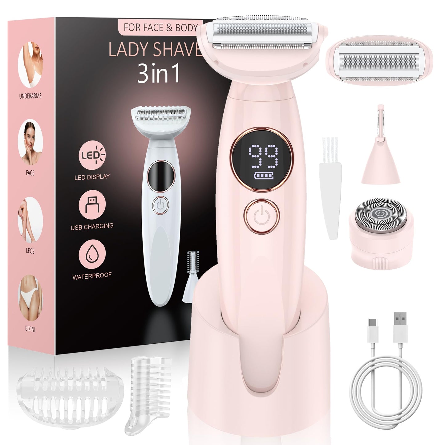 ANYLIV 3 in 1 Bikini Trimmer for Women, Electric Razors for Women with Display, Painless Bikini Trimmer, USB Charging, Electric Shaver for Woman,Shaver for Woman for Face, IPX7 Waterproof,Orchid