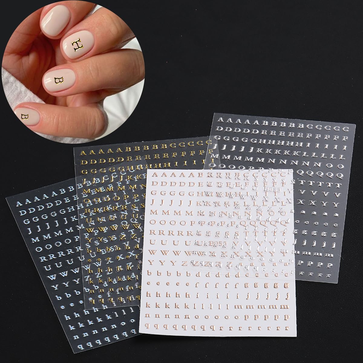 8 Sheets Letter Nail Design Stickers - 3D Self-Adhesive Nail Art Stickers in Black, White, Gold, Silver - English Letters Nail Decals for Women and Girls - DIY Nail Decor