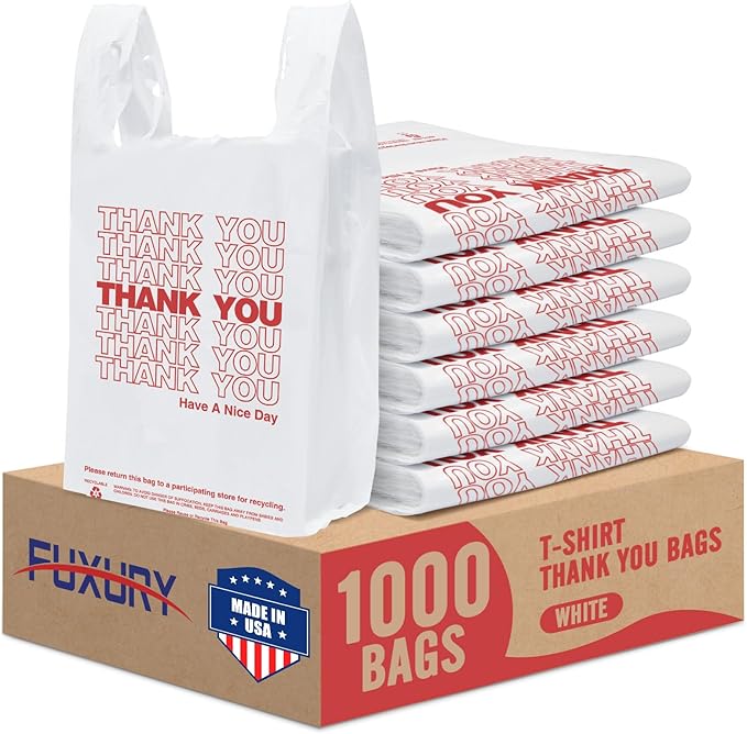 Fuxury 1000 Count Thank You Plastic Bags (11.5" x 6.5" x 21") White, T-shirt, Grocery, Take Out, To Go, Retail Shopping Bags in Bulk (Made in USA)