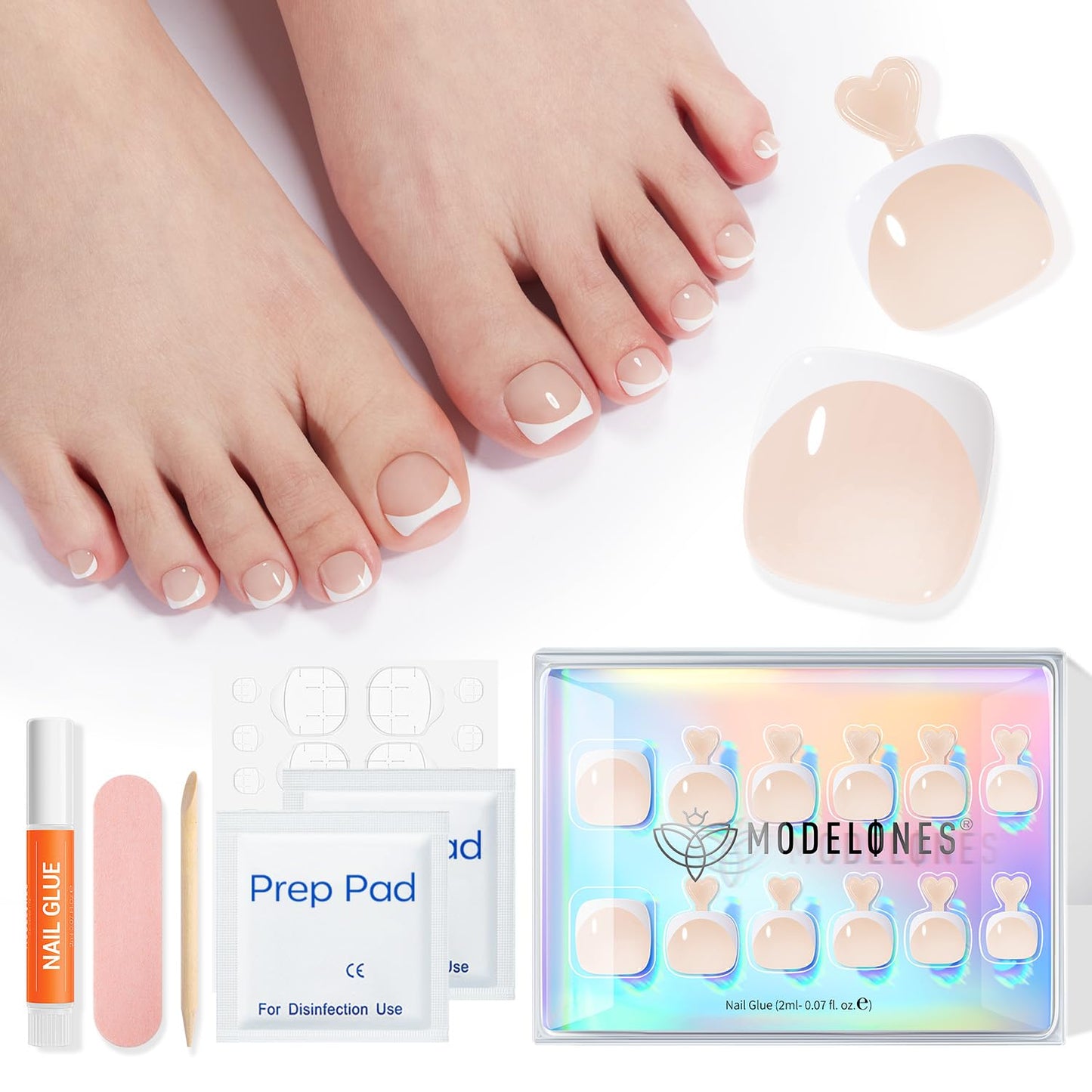 Modelones Press on Toenails Short, Nude French Tip Toe Nails Square, Reusable Nail Kit with Nail Glue Adhesive Tabs Mini Nail File, Toe Nails 36Pcs 18Sizes, Summer Spring Women Girl Gift