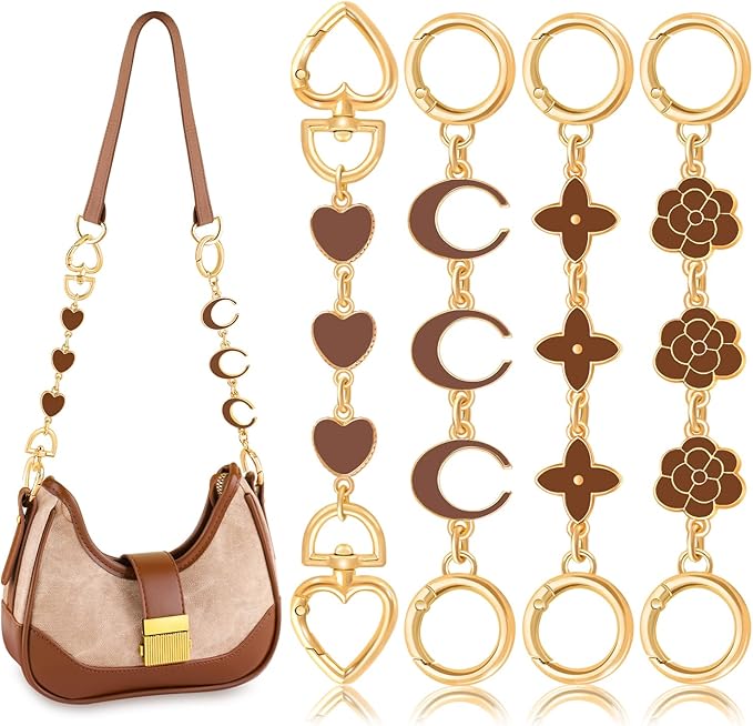 4Pcs Bag Extender Chain (Brown Multishapes) Purse Extender Chains Bag Strap Extender for Handbags Crossbag Shoulder Bags, Metal Gold Chain Replacement Brown Purse Bag Chains Accessories Mother's Day