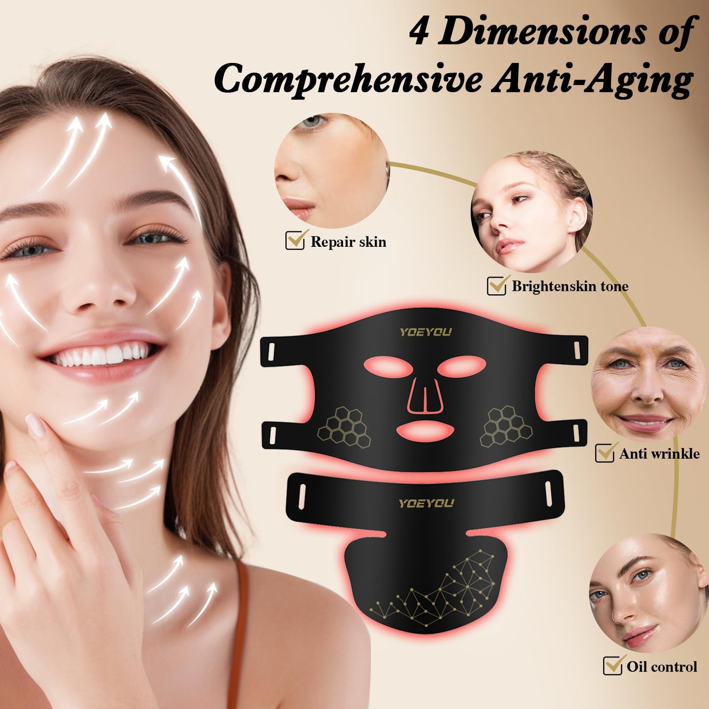 YOEYOU Red Light Therapy for Face and Neck, 850nm Infrared & Red Light Mask, 4 Modes LED Face Mask Light Therapy with Neck Masks, 2600mAh Rechargeable Portable Skincare Device at Home & Travel