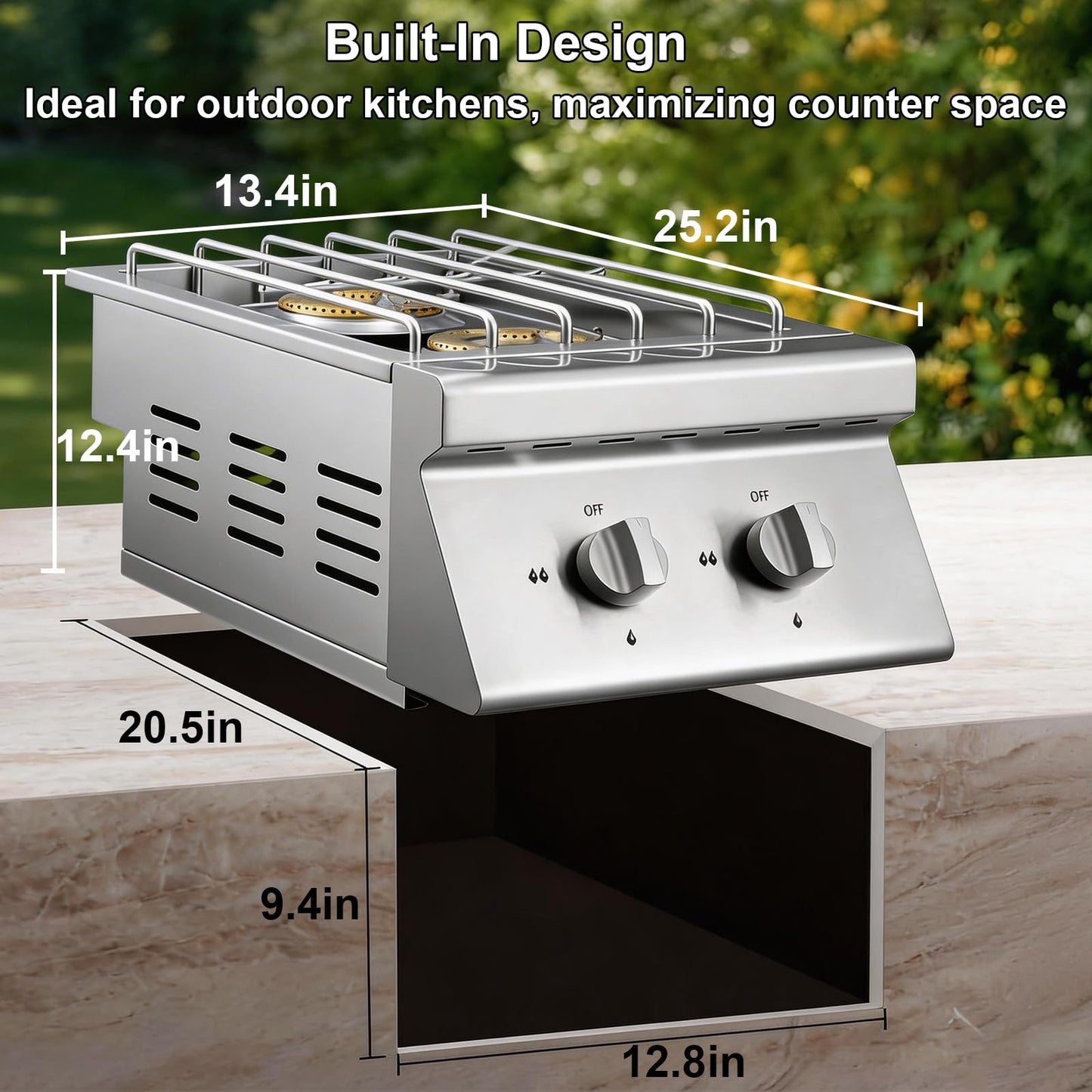 FammyLoft Liquid Propane Double Side Burners, 2x15,000BTU Built-in Double Grill Burners, Convertible to Natural Gas, 304 Stainless Steel Double Burners with Lid for BBQ Grill Island, Outdoor Kitchen