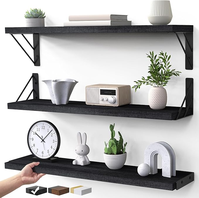 BAYKA Wall Mounted Floating Shelves, Wood Floating Wall Shelf for Books & Decor, Small Space-Saving Display & Organizerï¼ÂBlackï¼Â23inï¼ÂSet of 3ï¼Â