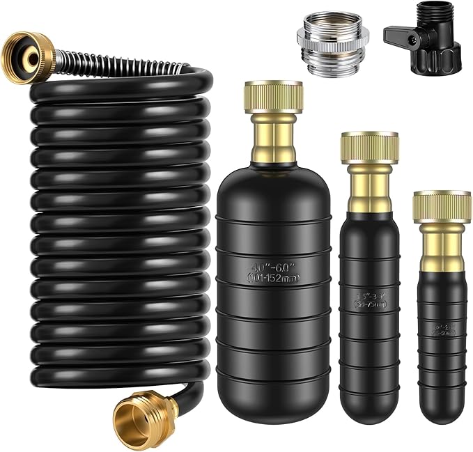 3 Pcs Drain Bladder Kit, Drain Cleaning Bladder Fits 1" to 6" Pipes, with 10 ft Retractable Hose, Shut-Off Valve & Brass Faucet Adapter Fits Most Faucetsâ For Sinks, Showers, Pools & Drains (Black)