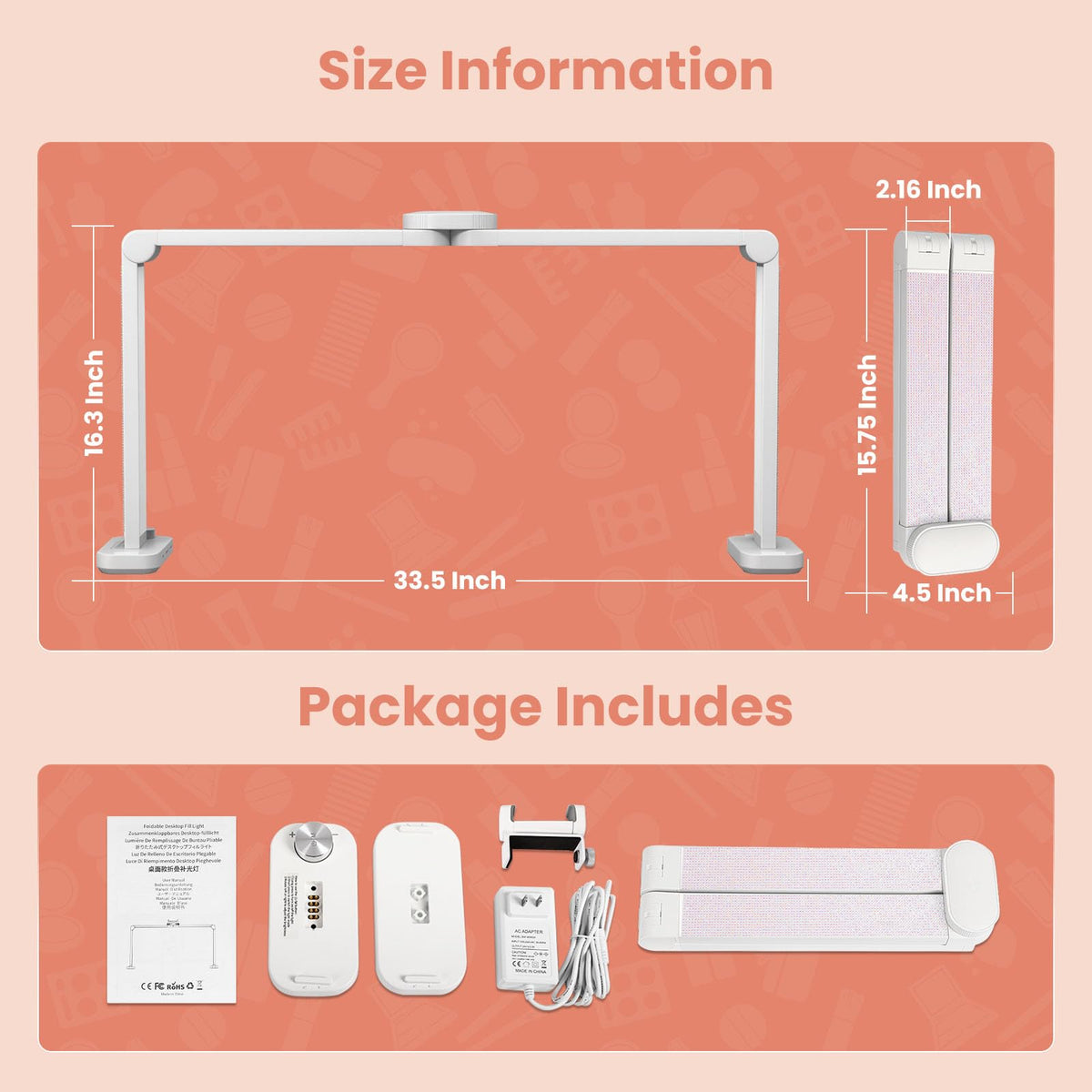 Haosegd Half Moon Light for Nail Desk, 34“ Large Square Nail Lamp for Desk with Phone Holder, Professional Manicurist Desktop Lamp, LED Light Suitable for Manicures, Tattoos, White with Rhinestones