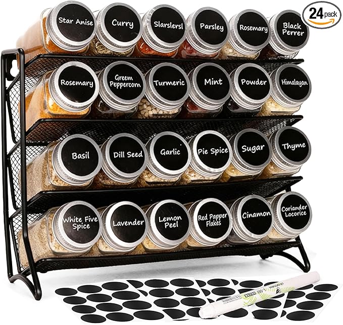DIDITIME Spice Rack Organizer â 24 Glass Jars, 60 Labels & Marker, Space-Saving Kitchen Countertop, Cabinet & Wall Rack