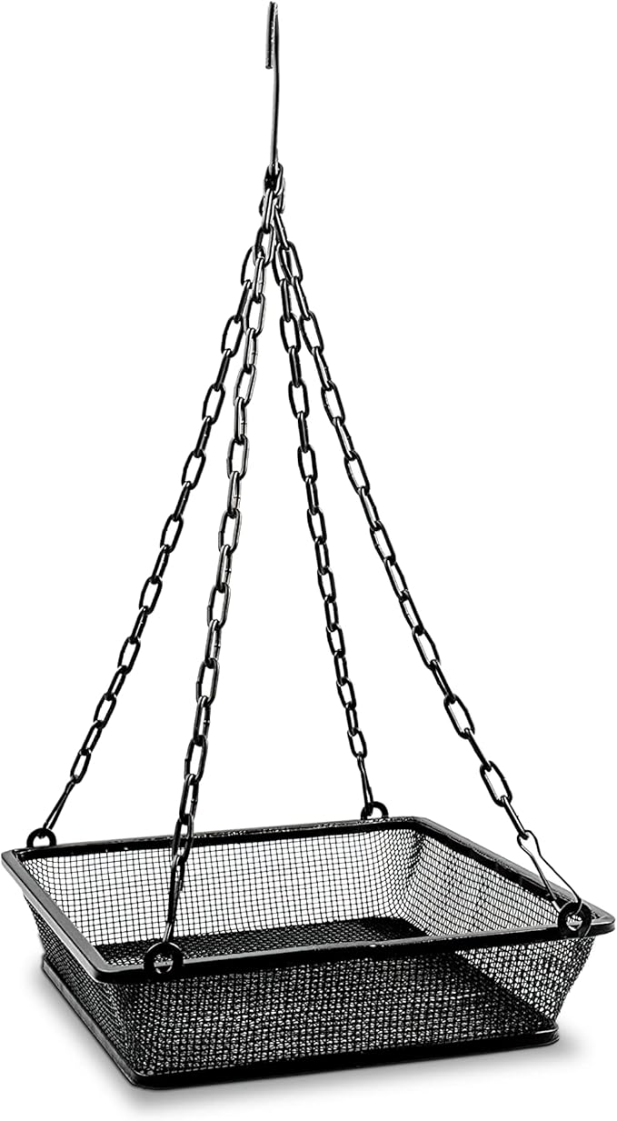 Monarch Abode Hanging Bird Feeder for Outdoors â Hanging Birdfeeder with Iron Mesh Seed Tray for Wild Birds, Matte Black Metal Decorative Wild Bird Feeder for Outside Garden Patio Deck Yard