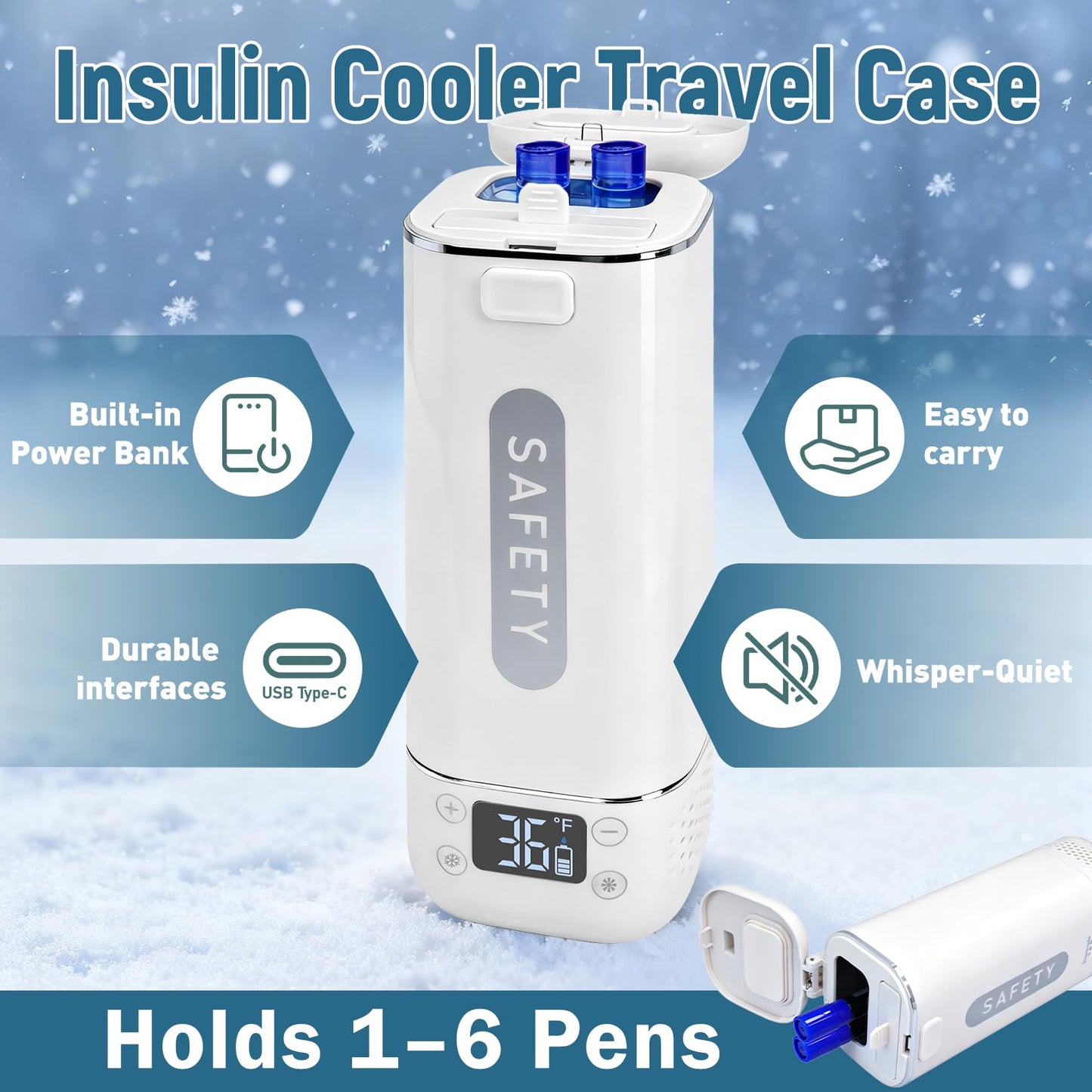 Rechargeable Insulin TSA Approved Cooler, Electric Portable Medication Cooler with USB Charging,1–6 Pens Keeps at 35–68°F