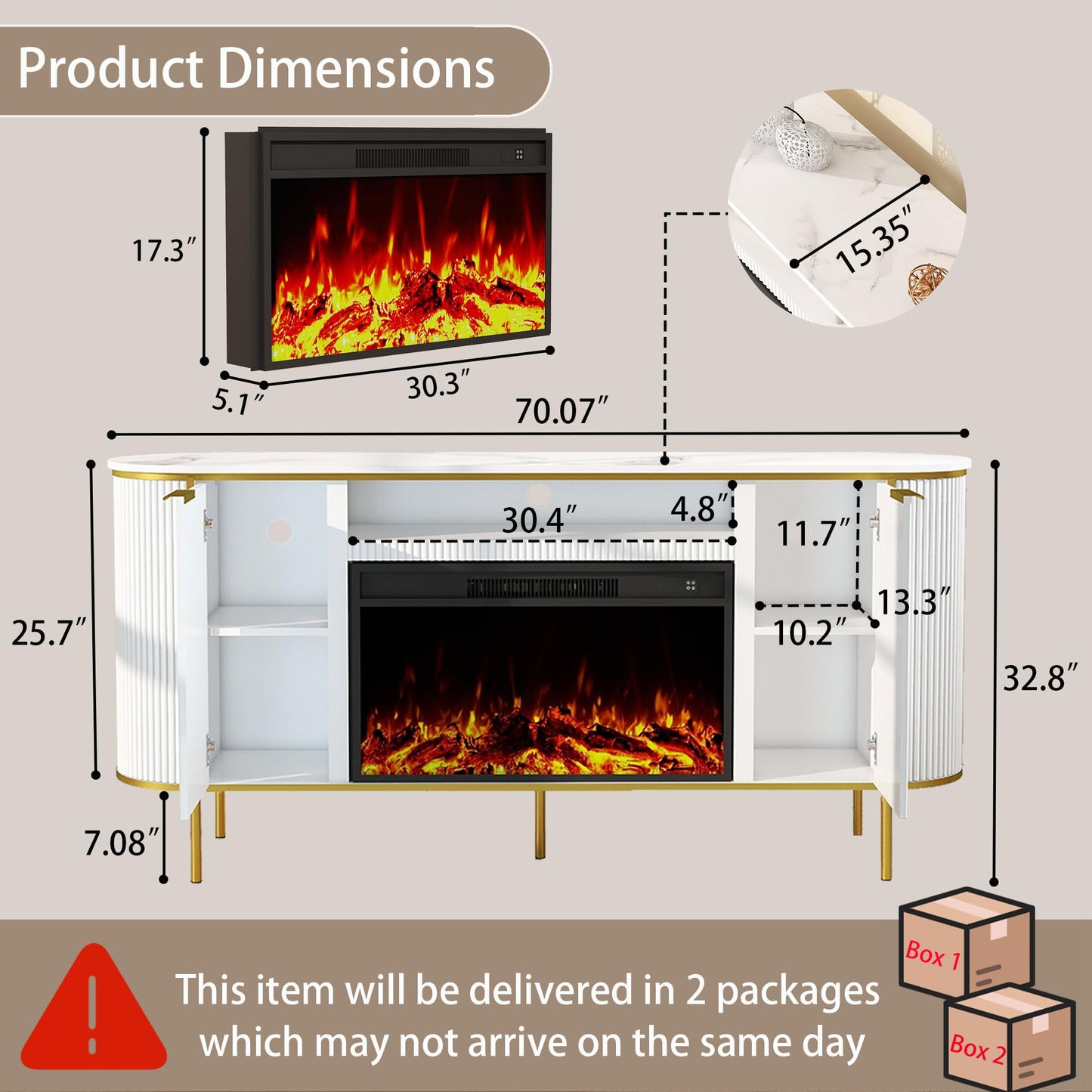White Fireplace TV Stand: 70" Modern Luxury Fluted Electric Fireplace Heater Entertainment Center Fits TVs Up to 80 Inch, Faux Marble Top TV Console with Fireplace (White, 70 Inch Fireplace TV Stand)