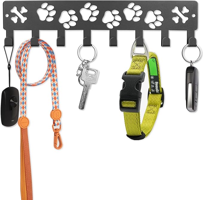 Key Holder Wall Mount & Dog Leash Holder for Wall, Metal Key Rack with 8 Hooks for Entryway/Hallway/Kitchen Decor, Dog Paws Design Wall Organizer 11.8Ã2.6 Inch with Screw Anchors (Black-Paws)