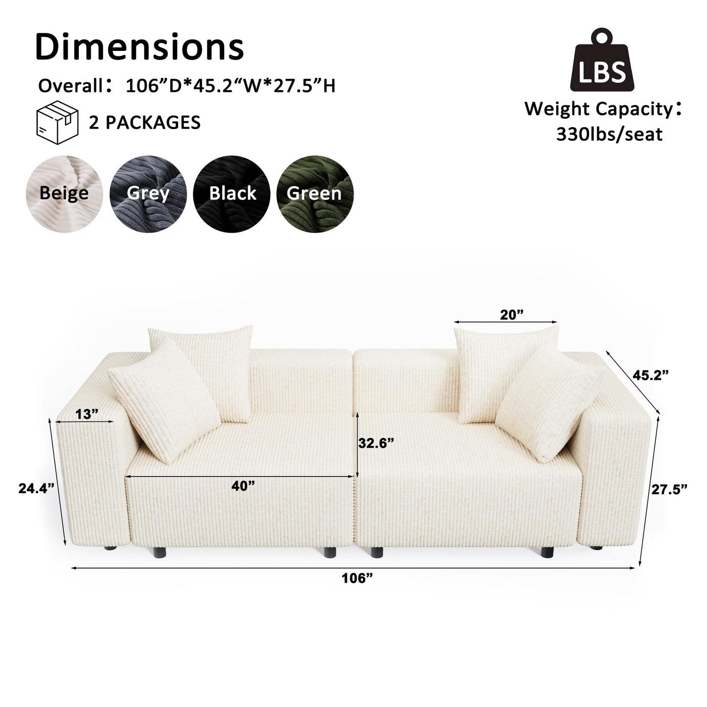 Modern Oversized Modular Sectional Sofa, Boneless Cloud Loveseat with Legs, Corduroy Big Comfy Deep Seat Sofa for Living Room & Apartment(Beige,106″Loveseat)