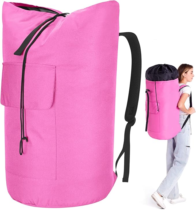 Backpack Laundry Bag, 115L Heavy Duty Extra Large College Laundry Backpack, Dirty Clothes Bag with Shoulder Straps, Laundry Hamper Bag with Drawstring Closure for College Dorm, Apartment Pink
