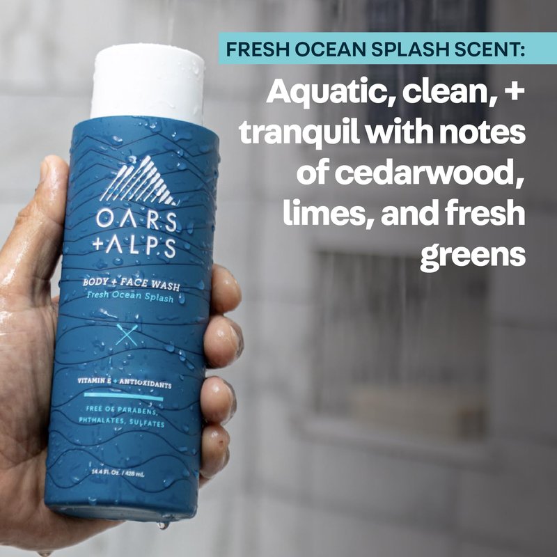 Oars + Alps Men's Moisturizing Face & Body Wash, Body Wash with Vitamin E and Antioxidants, Sulfate Free, Fresh Ocean Splash, 3pk