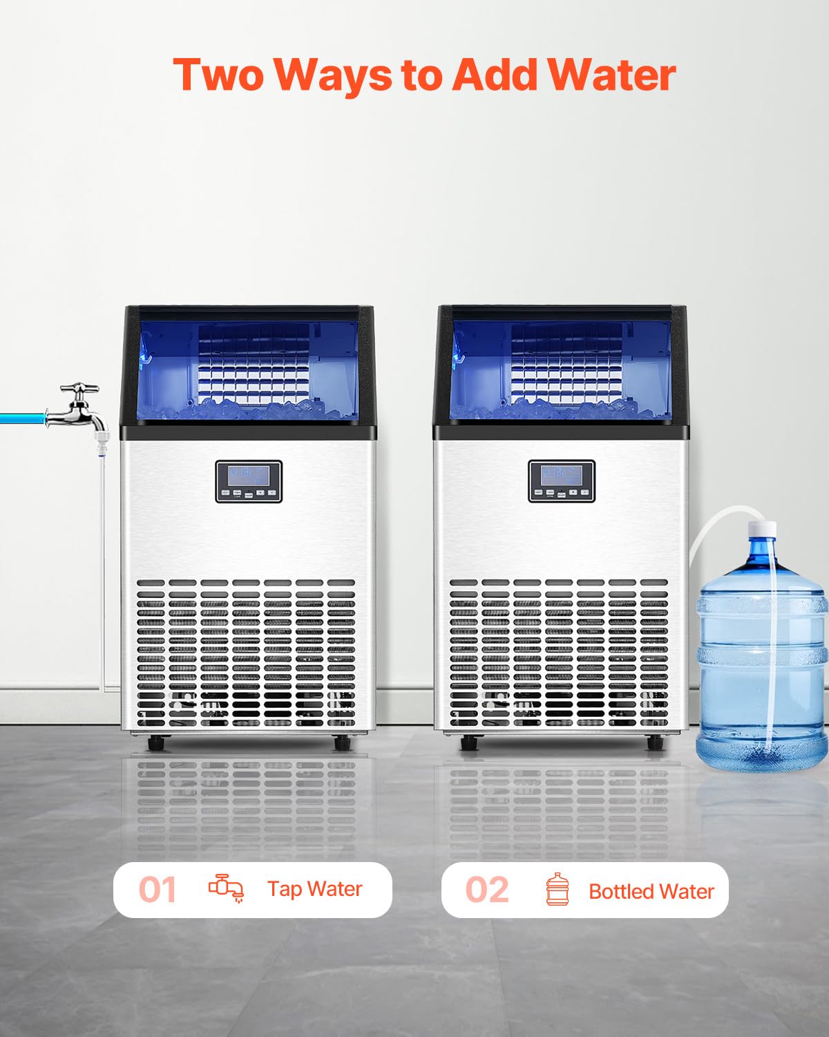 VEVOR 150lb/24h Commercial Ice Maker with 2 Water Inlets 45 Ice Cubes in 15 Minutes 33lb Capacity for Bar Office Restaurant with LED Digital Display and Self-Cleaning