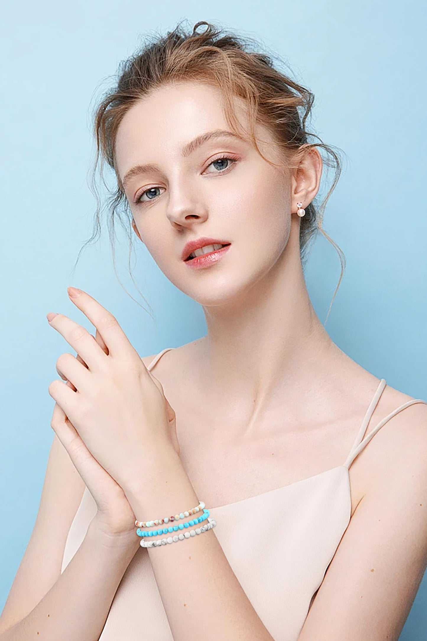 NCB 3-Piece 4mm Natural Crystal Gemstone Stretch Bracelets – Agalmatolite Jasper, Blue Turquoise, Howlite Handmade Reiki Energy Healing Jewelry for Meditation,Yoga, Unisex