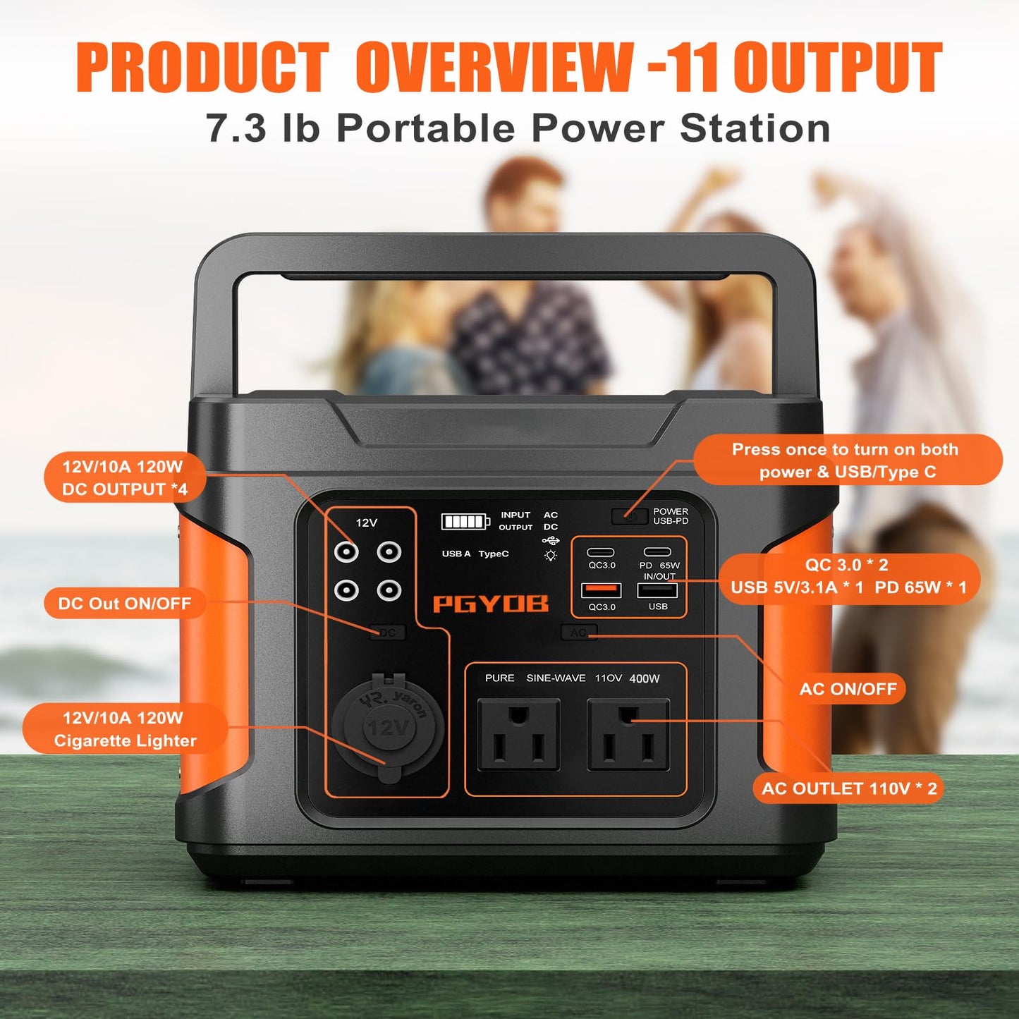 PGYOB 400W Portable Power Station, 296Wh Outdoor Solar Generator Backup Ternary Battery Pure Sine Wave Power Pack with AC/DC Outlet, PD 65W USB-C Outlet for Home, Camping, RV, Blackout, CPAP