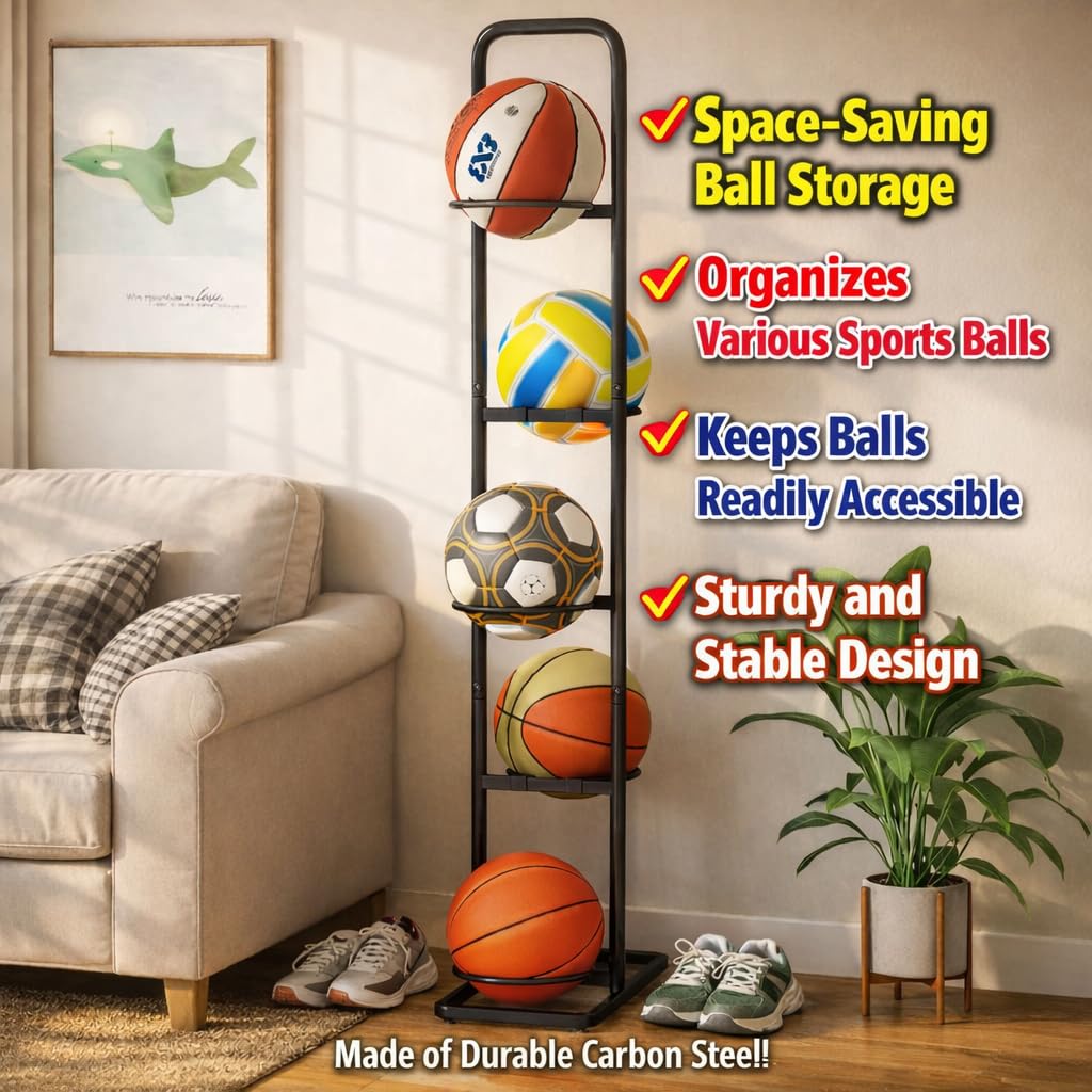MLUPODY Vertical Ball Rack -basketball rack- Durable Carbon Steel Storage for Basketball, Soccer, Volleyball, and More - Easy to Assemble, Waterproof, Sturdy - 56.7" H"