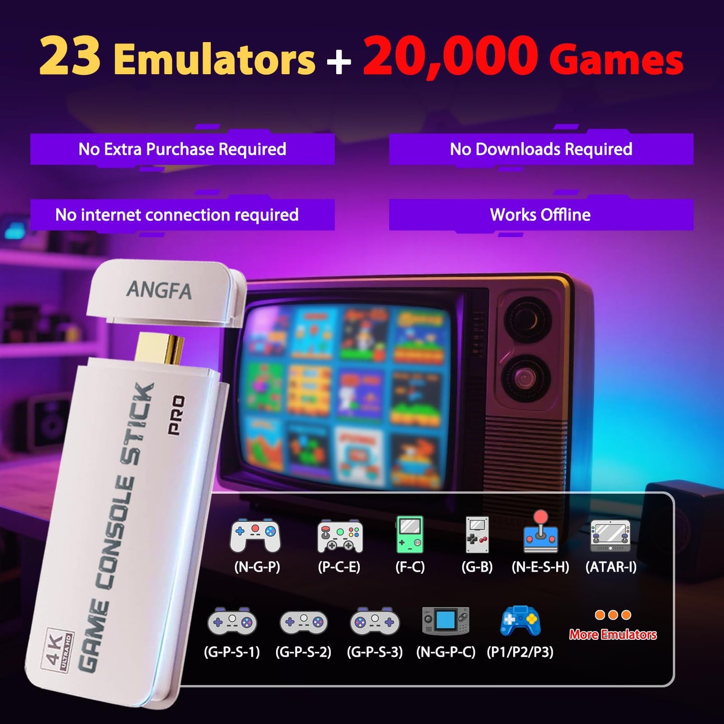 Wireless Retro Game Console Built-in 20000+ Games and 23 Emulators, 2025 New Plug & Play Retro Gaming Console with 4K Output & Dual 2.4G Controllers, Games Nostalgic Stick (64GB)