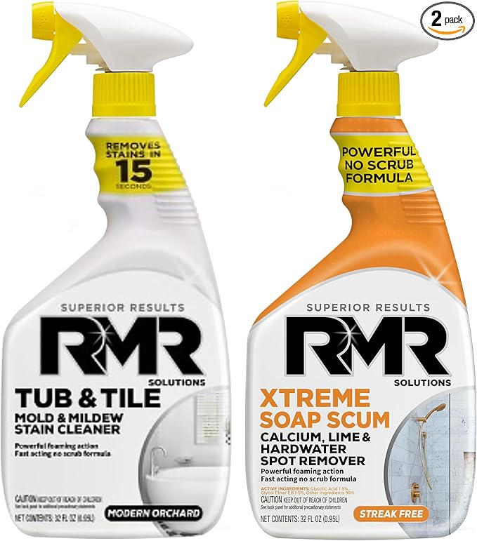 RMR Bathroom Breakthrough Bundle â Tub & Tile Cleaner + Xtreme Soap Scum Remover, 2-Step Deep Clean System for Shower, Tub, Tile, Grout, & Glass Buildup, Stains, & Grime, 2â32 Oz Bottles