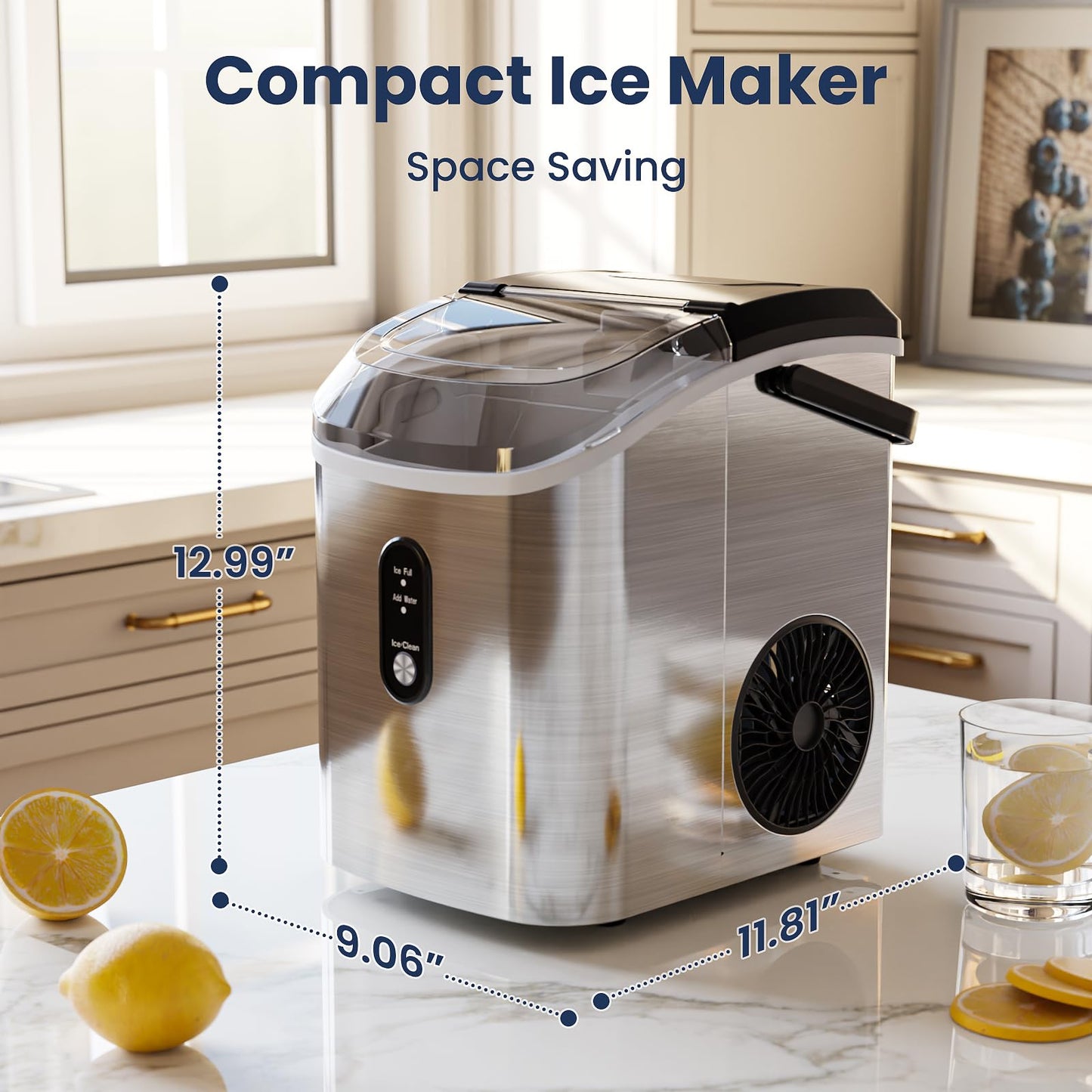 Antarctic Star Nugget Ice Makers Countertop with Self-Cleaning, 35lbs/24H, Portable Sonic Ice Maker Machine with Handle/Basket/Scoop for Home, Kitchen, Office, Camping(Stainless Steel Silver)