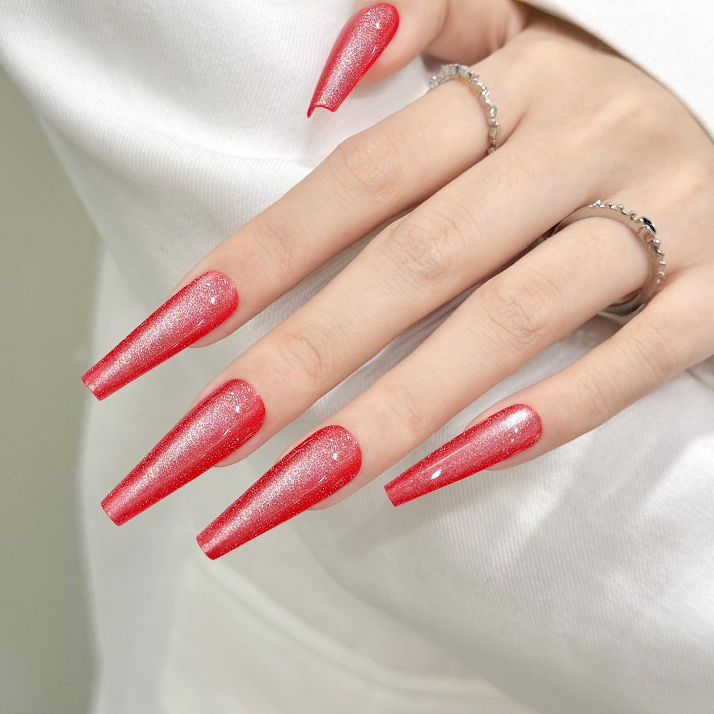Dark Red Cat Eyes Press On Nails,12 Sizes-24 Pcs Soft Gel Red Long Coffin Fake Nails Kit with Nail Glue, Natural Reusable Stick On False Nails for Women and Girls SK1047