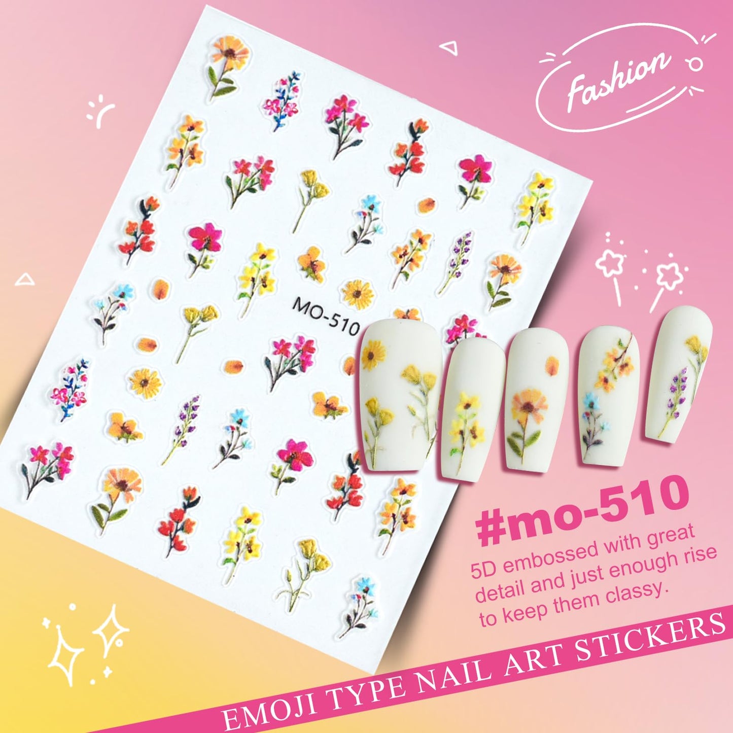 Flower Nail Art Stickers 5D Embossed Nail Decals for Nails Art Design Self-Adhesive Spring Summer Daisy Floral Leaf Plant Nail Accessories for Women Manicure DIY Art Decoration 6 Sheets YX1226