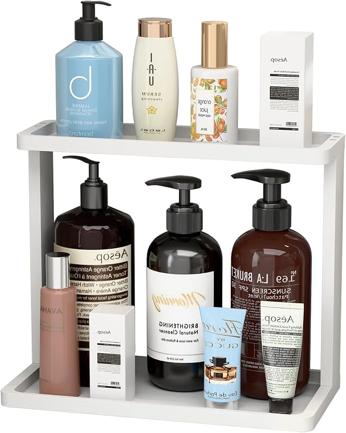 PEKER Bamboo Bathroom Organizer Countertop â Small Vanity Storage Shelf for Makeup, Perfume, Skincare â Natural Cosmetics Display Rack for Dresser, Sink, Kitchen âÂÂWhite