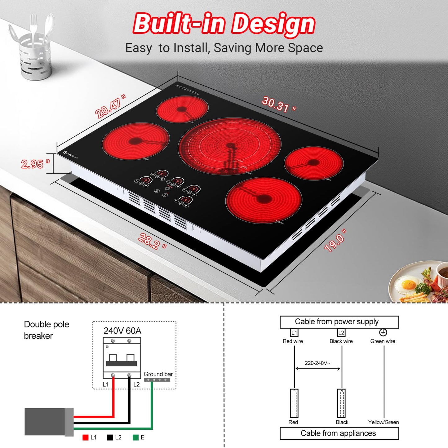 AMZCHEF Electric Cooktop 30 Inch,5 Burners Built-in Electric Stove Top,Max 9000W Ceramic Glass Countertop with Touch Control,9 Heating Level,Triple Zone,Safety Lock