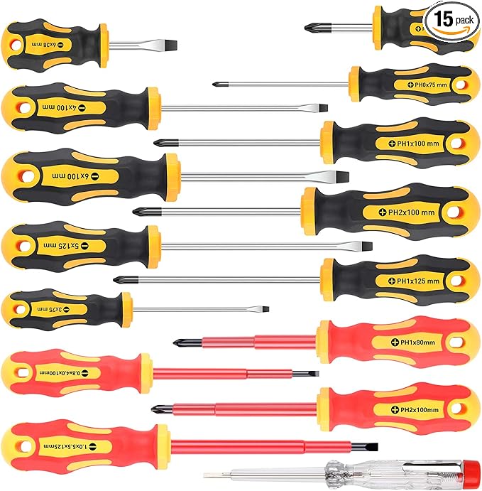Amartisan 15-Piece Magnetic Screwdrivers Set, 5 Phillips Slotted Tips and Insulated Screwdriver Set (1000V)ï¼ÂProfessional Cushion Grip