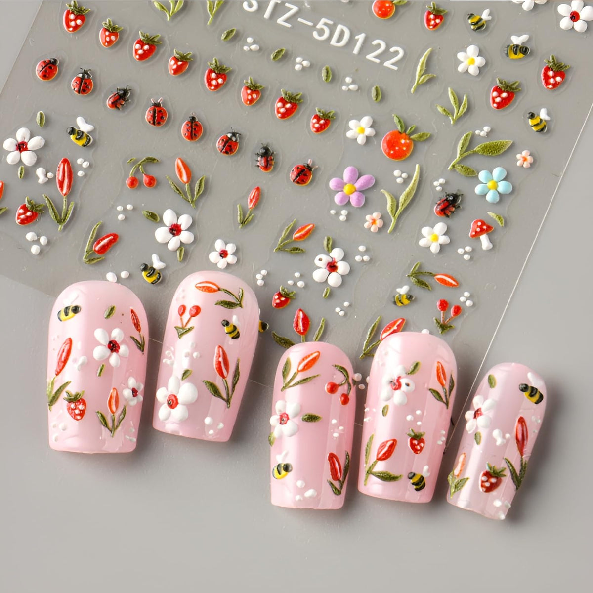 Spirng Nail Stickers for Nail Art 5D Embossed Cute Ladybug Nail Decals Flower Nail Art Stickers Strawberry Leaf Nail Design Summer Nail Art Supplies for Women Girls 2 Sheets