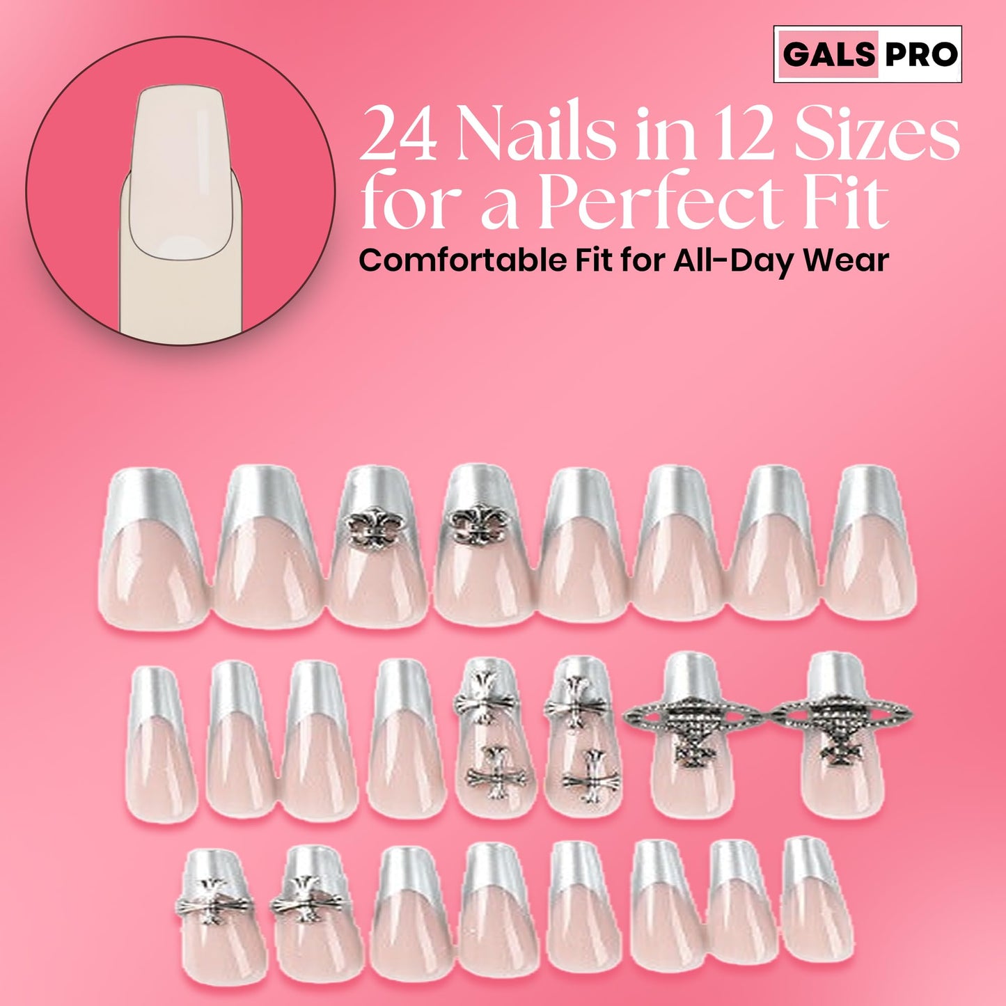 GALSPRO Long Press on Nails - Set of 24 Fake Nails with Designs in 12 Different Sizes for Perfect Fit, Cute False Nails Kit for Women with 0.07oz Nail Glue, A Double Sided Nail File & Cuticle Stick