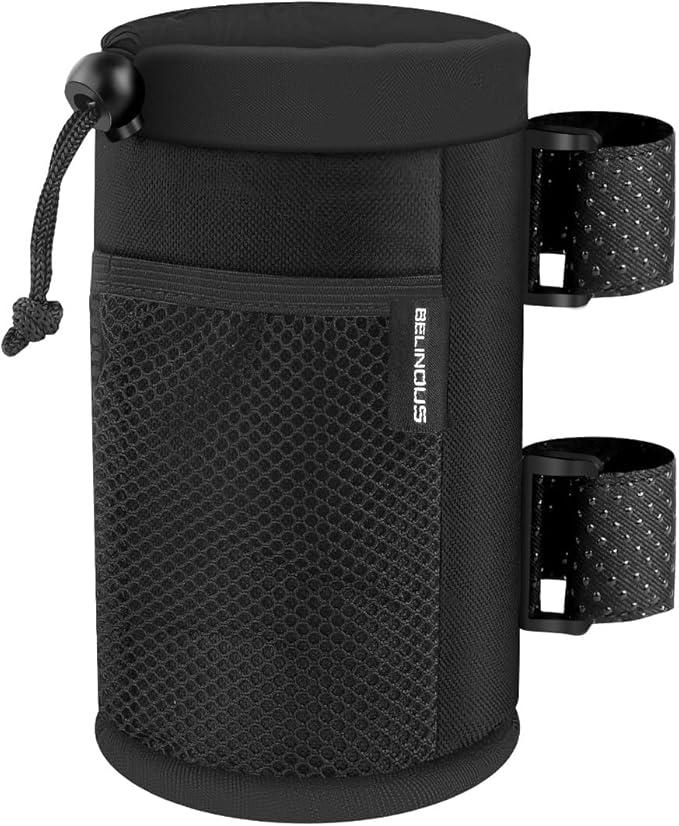 Belinous Scooter Cup Holder for 8-32oz Bottles, Wheelchair Walker Water Bottle Holder for UTV Roll Bar Bike e-Bike Golf Cart and Boat, Drink Holder with Net Pockets and Hook and Loop Straps