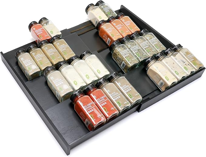 Bamboo Spice Drawer Organizer, (Need 3.1â Deep Drawer) Expandable 4 Tier Spice Rack for Cabinet (From 12" to 23" Wide), Seasoning Storage Insert, Spice Organizer for Drawer,Jars Not Included