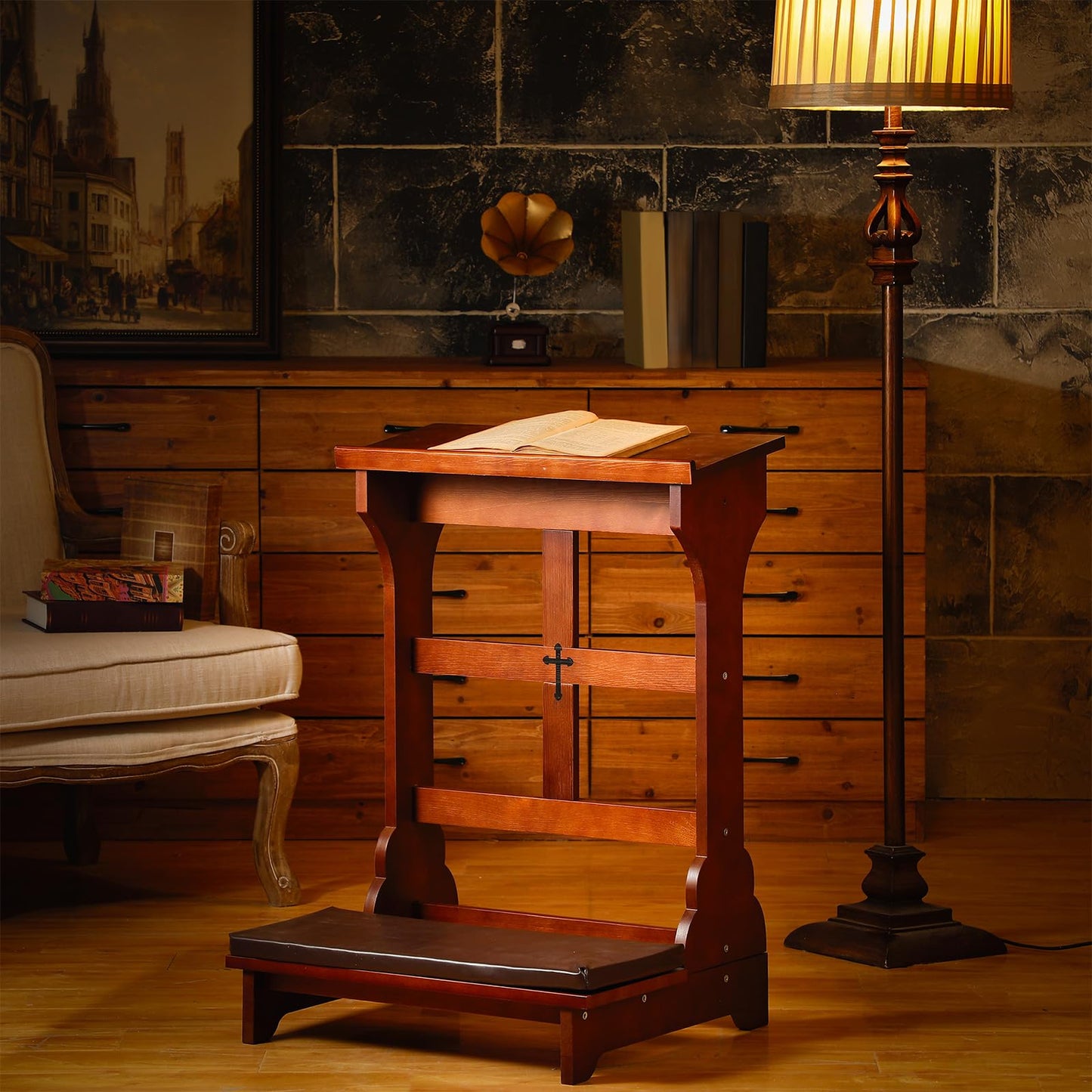 DoubleFill Solid Wood Prayer Bench Stool with Shelf and Cushion Church Prayer Bench Table Chair Padded Kneeler for Kneeling at Home, Religious Gifts, 23 x 20 x 32 Inches(Simple Style)