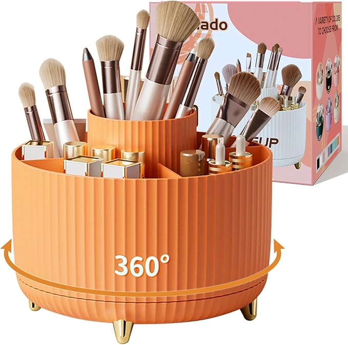 360ð Rotate Makeup Brush Holder Organizer, Makeup Organizers Countertop, Makeup organization and Skincare Storage for Vanity, Desktop, Bathroom (Orange)