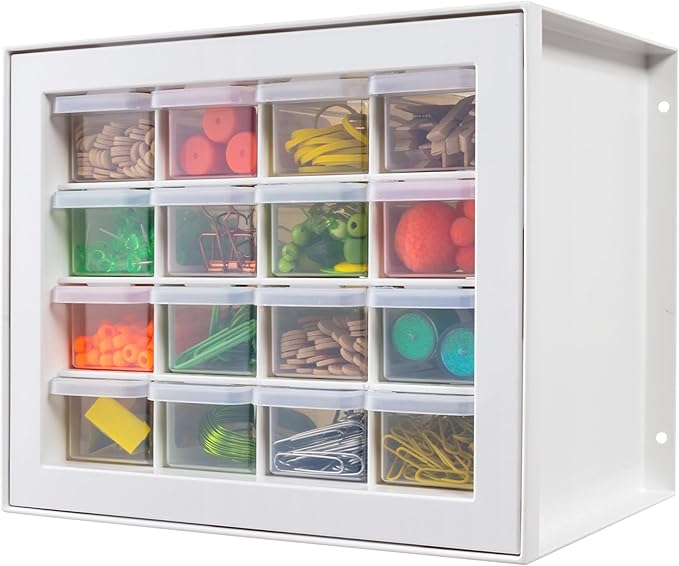 IRIS USA Small Plastic Storage Drawers, 16-Drawer Organizer, Made in USA, Stackable Teacher Toolbox for Crafts, Art Supplies, Nuts, Bolts, Building Bricks, Drink Mix & Water Flavor Packets â White