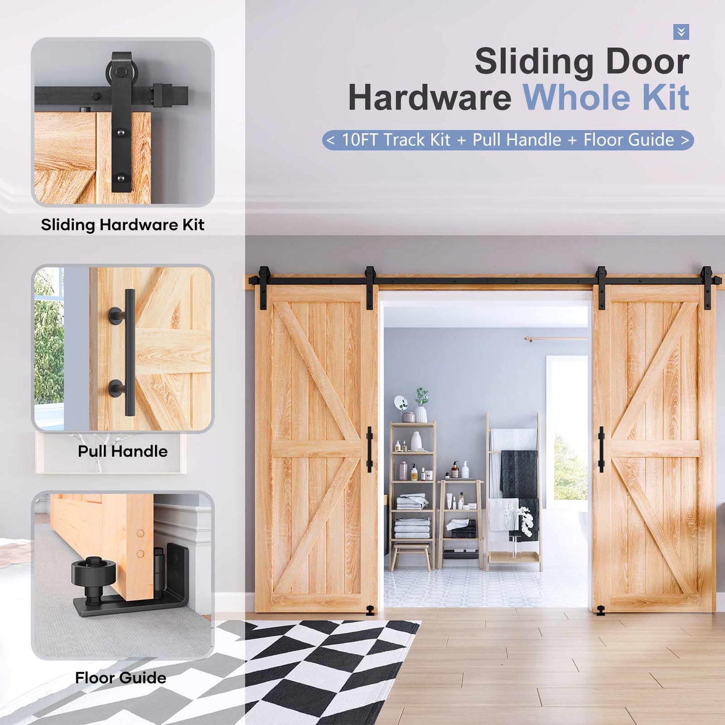 EaseLife 10 FT Double Sliding Barn Door Track and Handle Hardware Kit,Basic J Pulley,Slide Smoothly Quietly,Easy Install (10FT Track Kit for 27"~30" Wide Double Door)